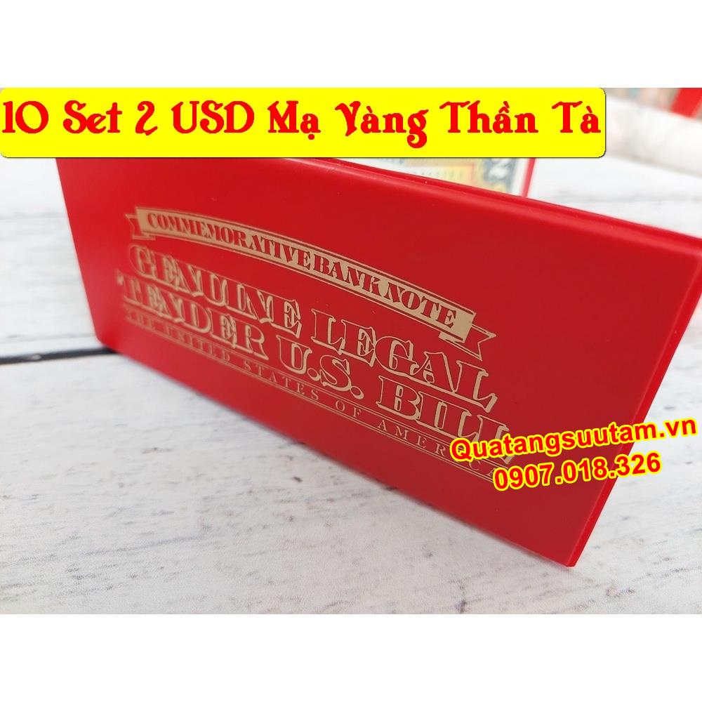 [RƯỚC LỘC] (10 Combo) Tờ 2 Đôla Mỹ Hình Thần Tài Vàng may mắn + bao da đỏ, Quà Tết