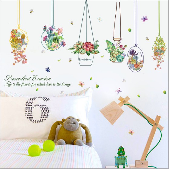 Decal dán tường 6 giỏ hoa treo đáng yêu  - Hình dán có keo sẵn vô cùng tiện lợi