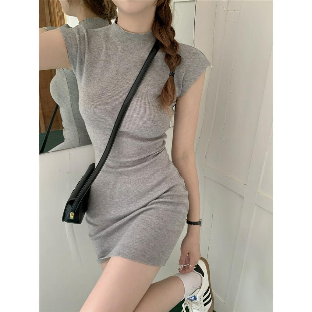 Đầm Mini Tay Ngắn Cổ Tròn Màu Trơn Dáng Ôm Thời Trang Mùa Hè Xinh Xắn Cho Nữ