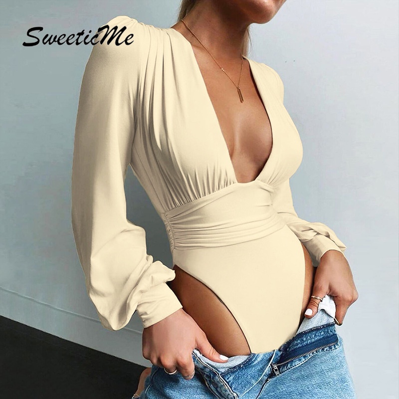 Áo liền quần SweeticMe khoét sâu màu trơn thời thượng cho phái nữ