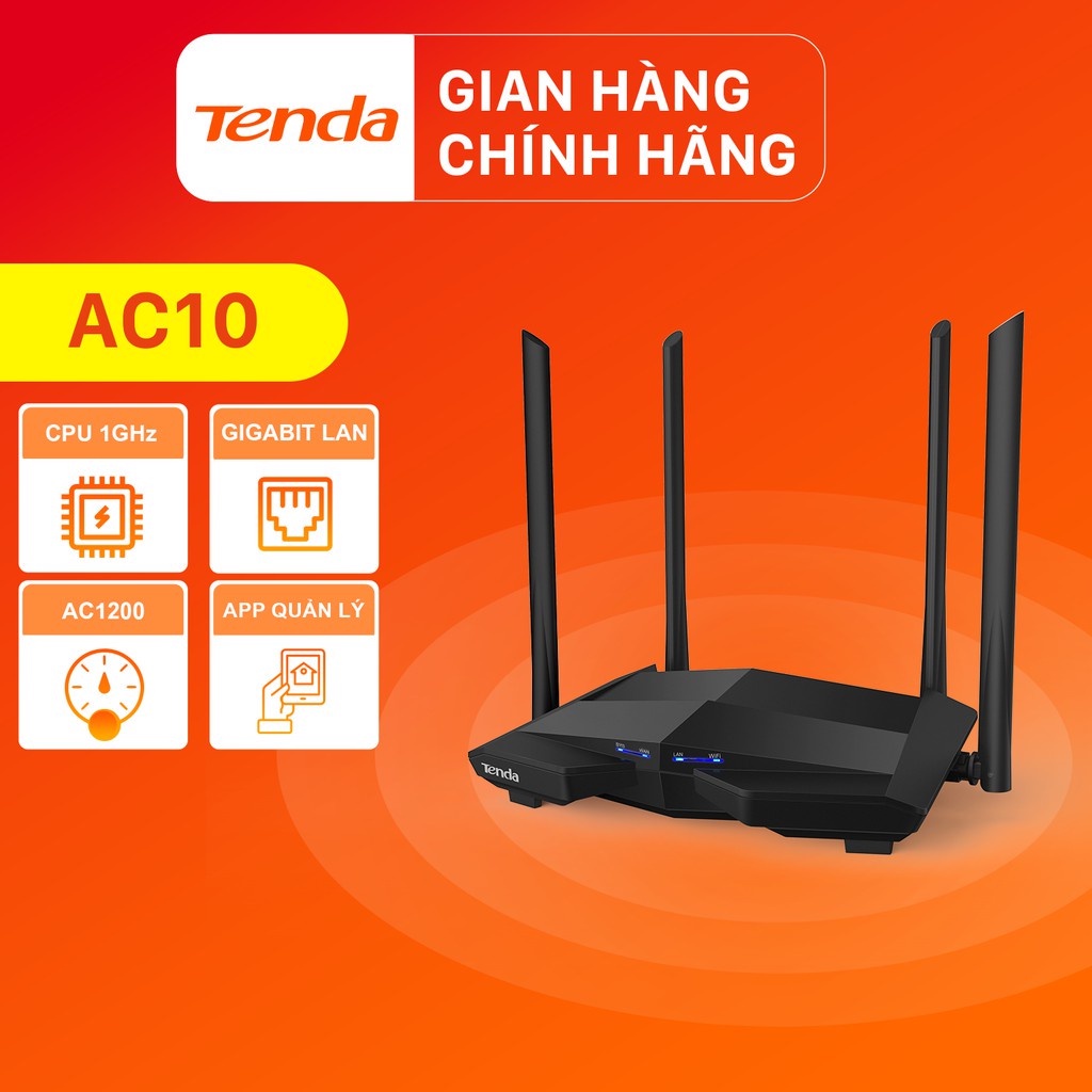 Phát Wifi Tenda AC10 Chính hãng (4 anten 5dBi, 1200Mbps, 2 băng tần, Repeater, 3LAN 1Gbps). VI TÍNH QUỐC DUY