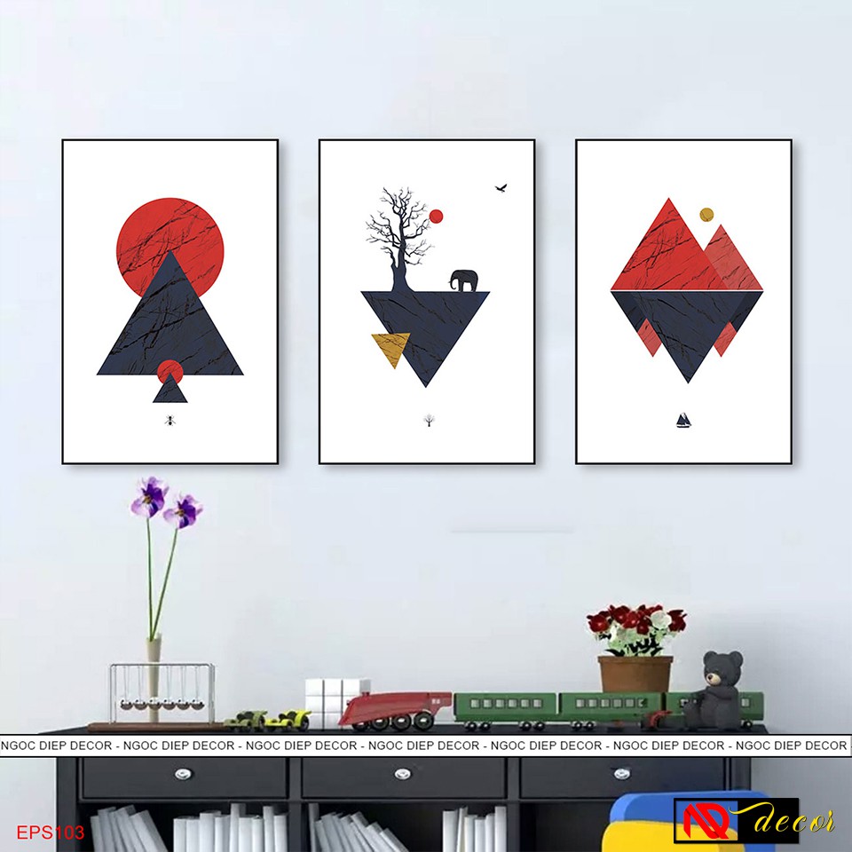 Tranh trìu tượng treo tường 3 bức hiện đại trang trí phòng khách decor phòng ngủ vintage nghệ thuật số hóa E50