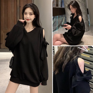 SUA004 Áo sweater babydoll cute thu đông nữ tính bánh bèo tiểu thư thun cổ V đen trắng tay bồng khoét vai nơ SHOPHUDU