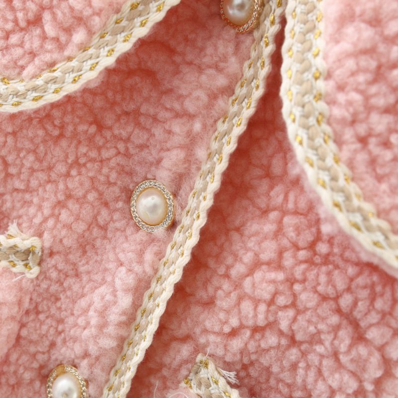 Áo khoác Mùa Đông Lông Xoắn Viền Ren Hai Túi Đắp Cho Bé Gái