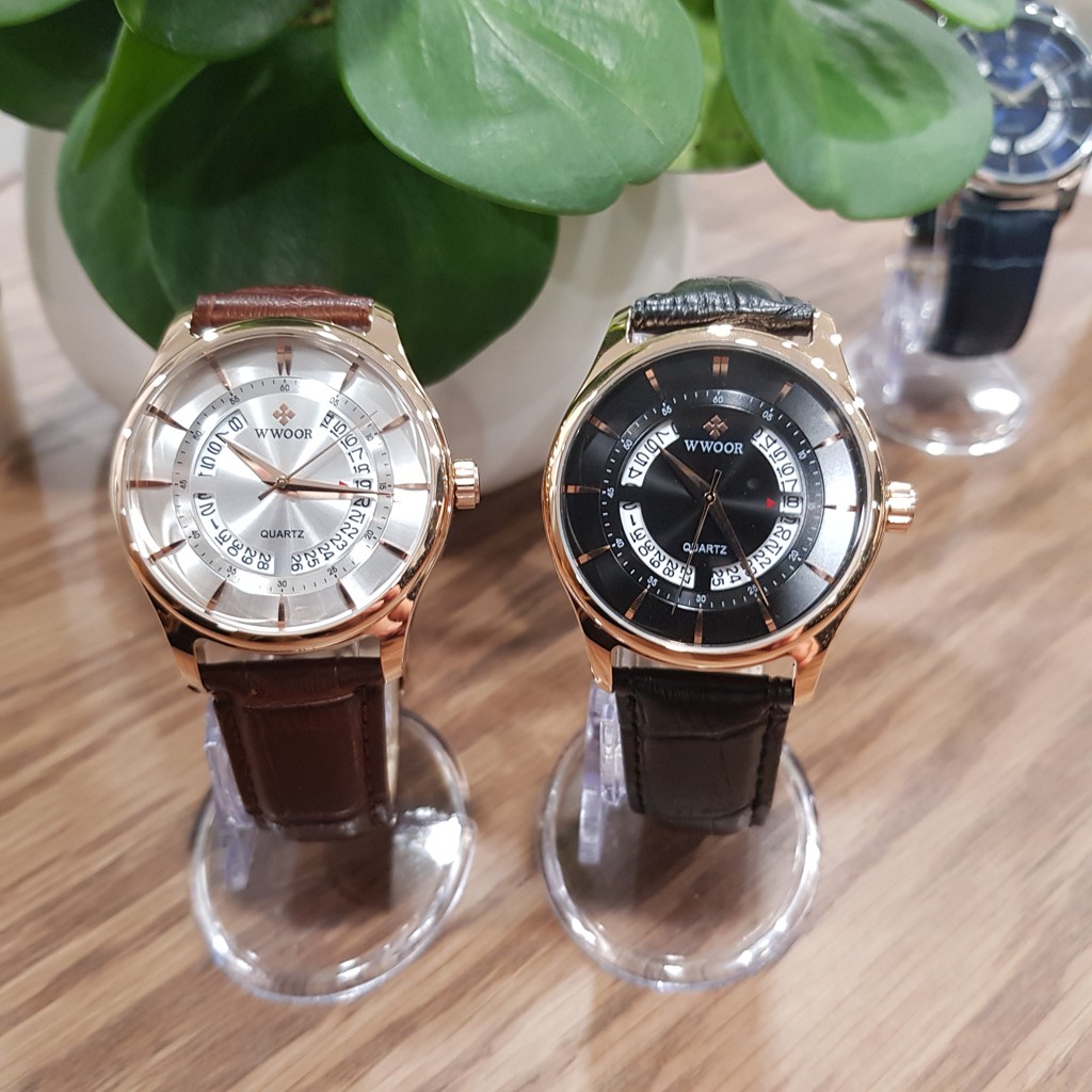 Đồng hồ nam Wwoor dây da thời trang có lịch chính hãng Tony watch 68 chống nước tuyệt đối