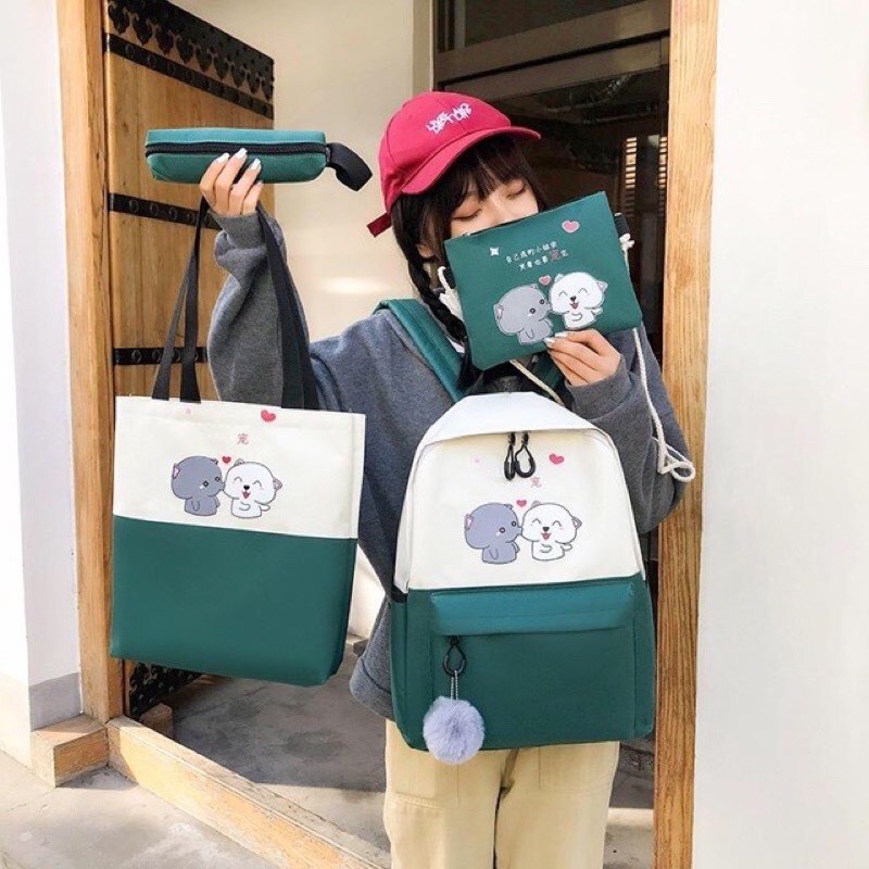 Set 4 Món Balo 2 Chú Cún - Bộ 4 túi đi học thời trang
