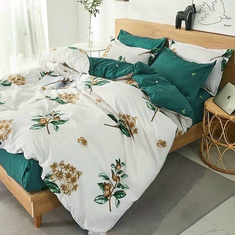 Trọn Bộ Drap giường Chần Bông Cotton Họa Tiết Cành Hoa Trắng Xanh Phối ((m2x2m - m8x2m))