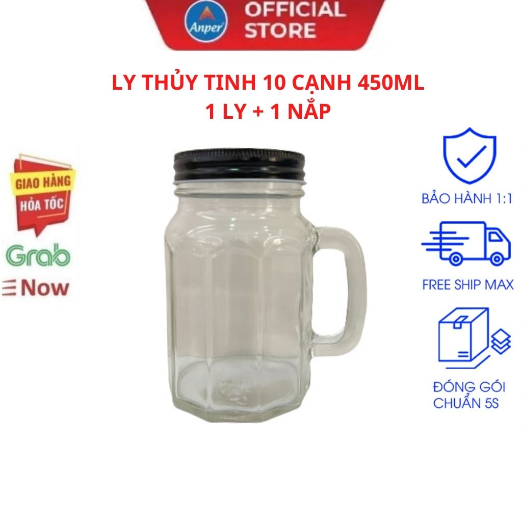 Ly cốc thủy tinh ANPER 450ml dễ thương có quai có nắp dùng quán nước uống cà phê sinh tố