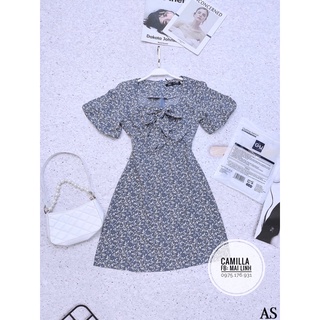 Đầm hoa nhí xanh cổ nơ