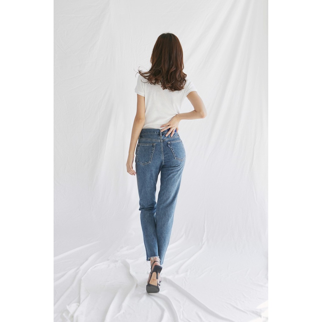 TheBlueTshirt -  Quần Jeans Lưng Cao Nữ  -  Raw Hem Jeans Western Wash