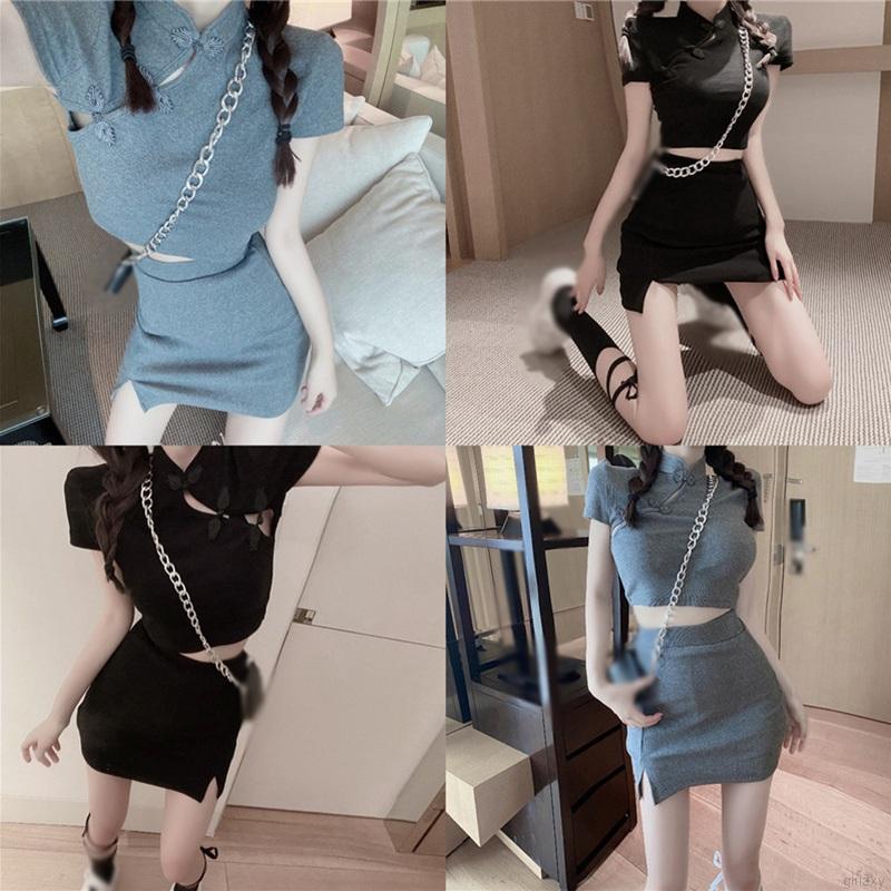 Set Áo Sườn Xám Ngắn Tay + Chân Váy Ôm Gợi Cảm Cho Nữ