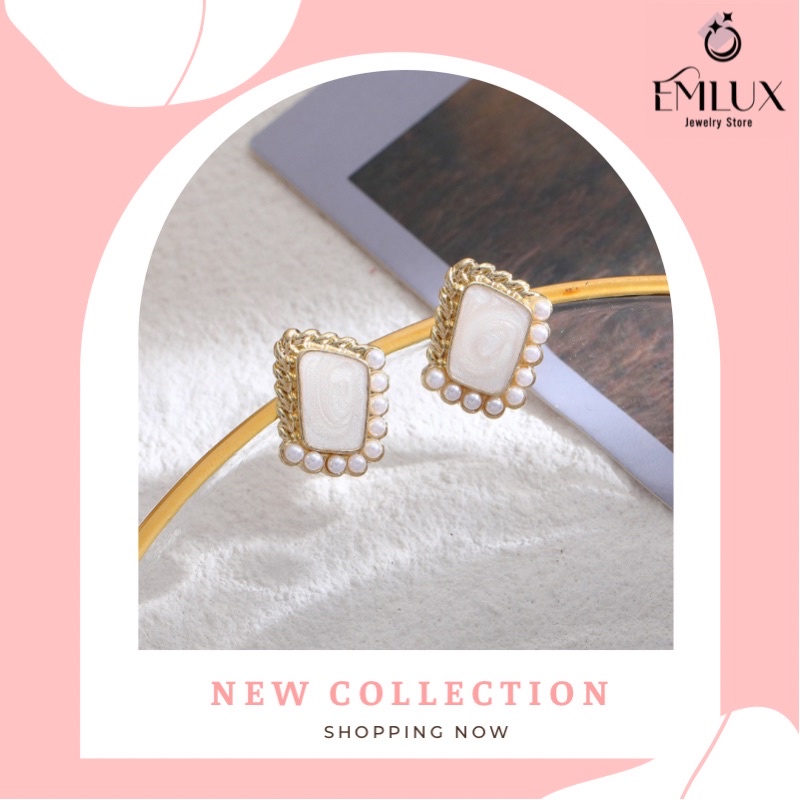 Khuyên tai nữ Bông tai nữ viền hạt trai chốt bấm phong cách vintage Emlux Jewelry Store