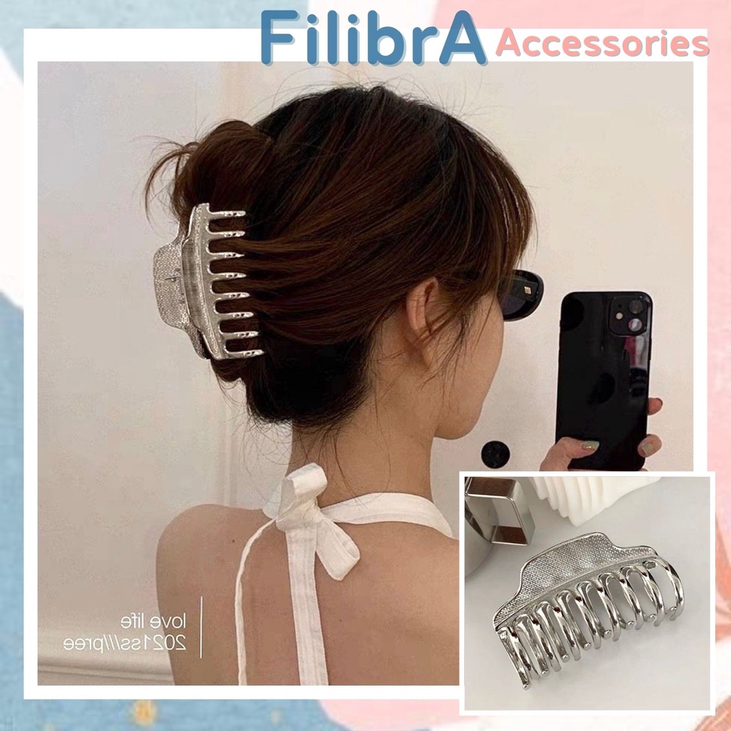Kẹp hàm cá mập kim loại bạc lớn chắc tóc, kẹp cặp ngoạm phụ kiện nữ thời trang Filibra KT035
