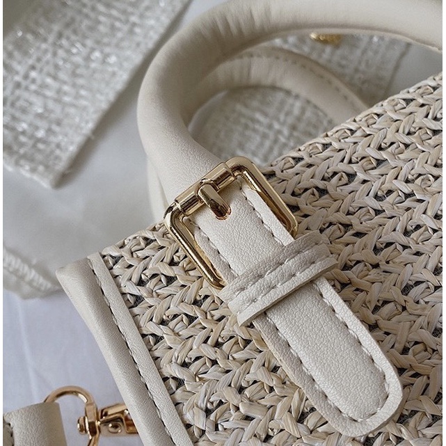 Túi cói viền da hình chữ nhật phong cách Hàn Quốc mới nhất 2022