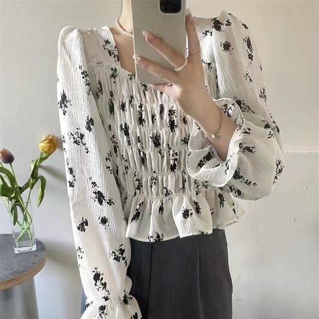 Áo kiểu BH tay dài cổ vuông in họa tiết hoa thời trang mùa thu cho nữ