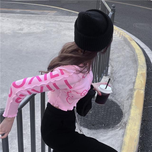 Jiashucheng Áo Sweater Dáng Ôm Ngắn Màu Hồng Phong Cách Hoạt Hình Dễ Thương Thời Trang Mùa Đông Cho Nữ