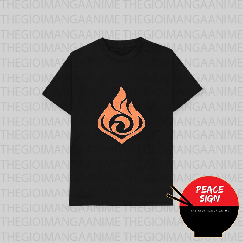 Áo thun phông đen in hình Phù Hiệu Nguyên Tố Genshin Impact game chibi M1