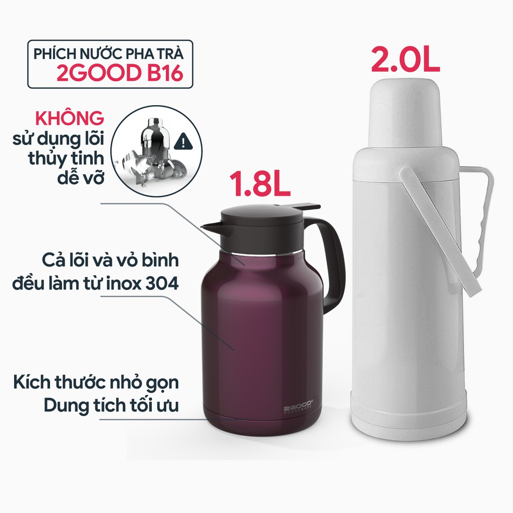 Bình Pha Trà Giữ Nhiệt 2GOOD B16 1.8 Lít Hàng Chính Hãng Giữ Nhiệt Nóng Lạnh | BigBuy360 - bigbuy360.vn