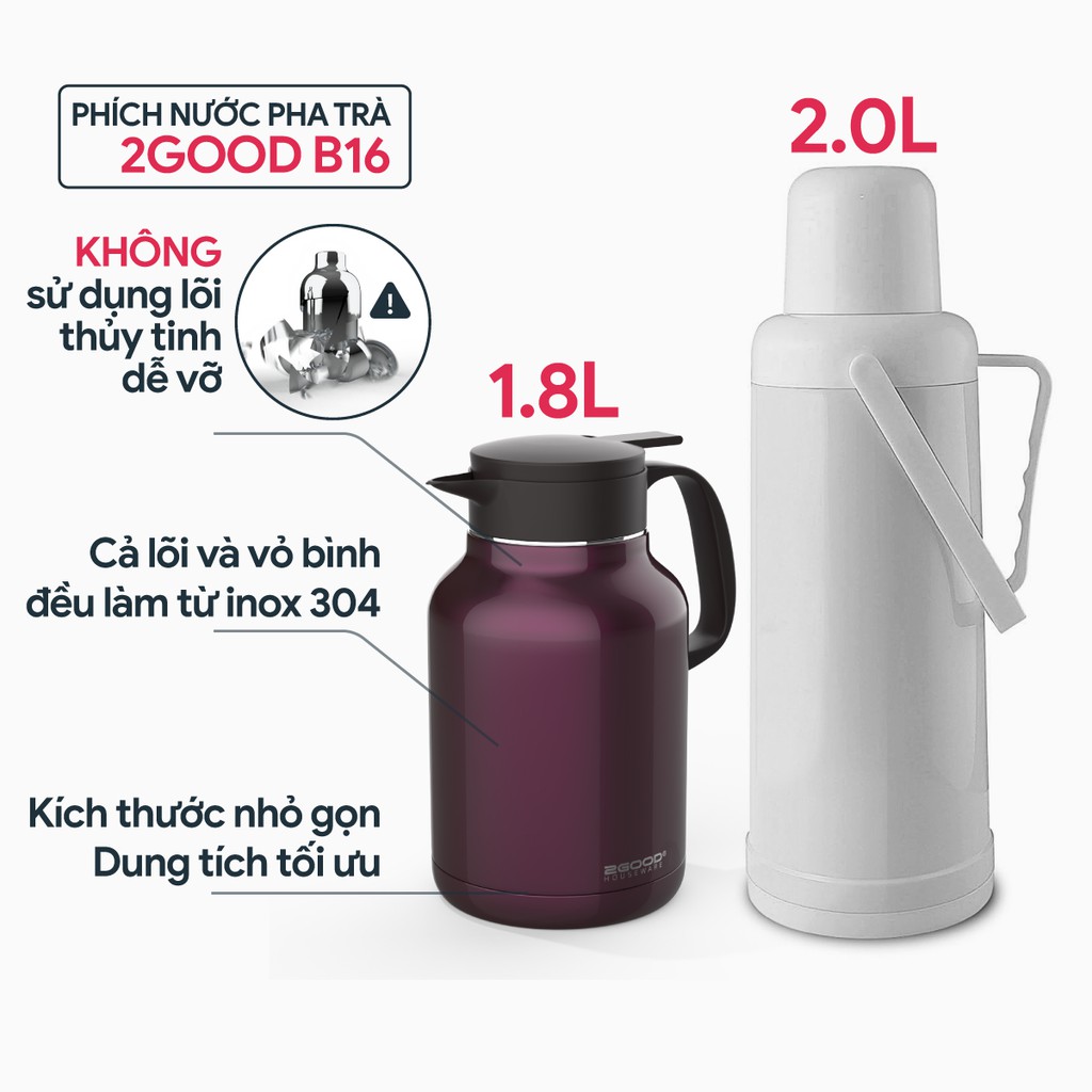 Bình Pha Trà, Phích Pha Trà, Ủ Trà 2GOOD B16 1.8 Lít Hàng Chính Hãng Giữ Nhiệt Nóng Lạnh