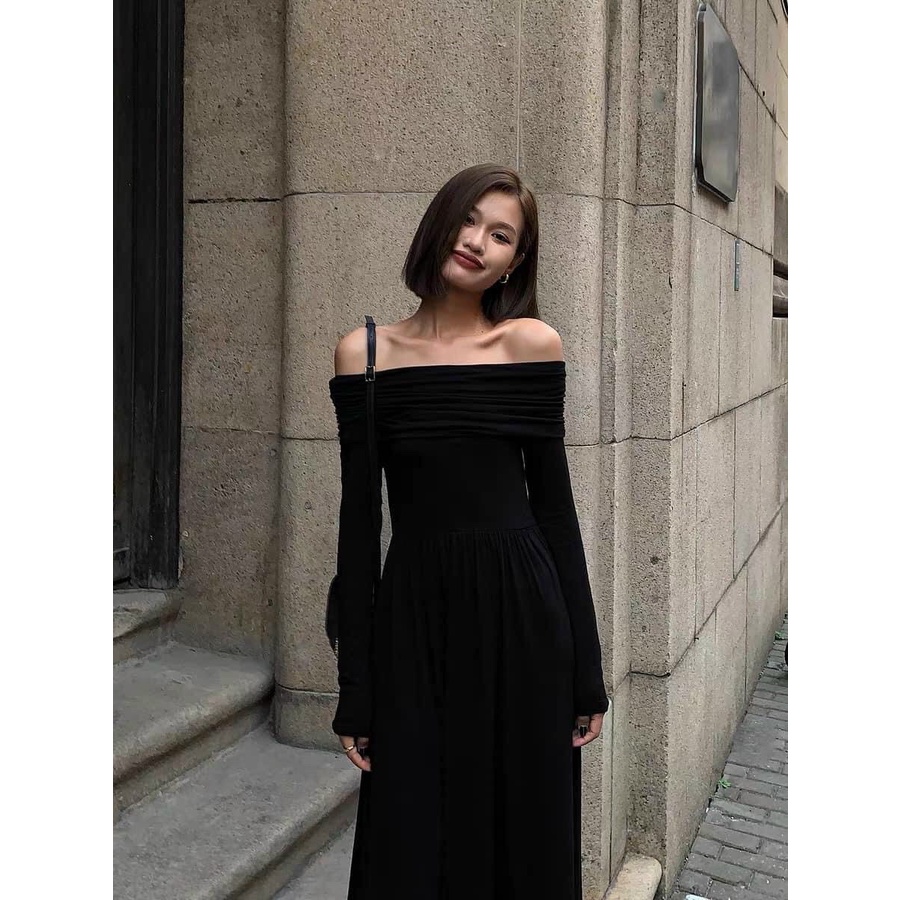 Đầm Váy Maxi Thun Trễ Vai Tay Dài Dáng Xòe