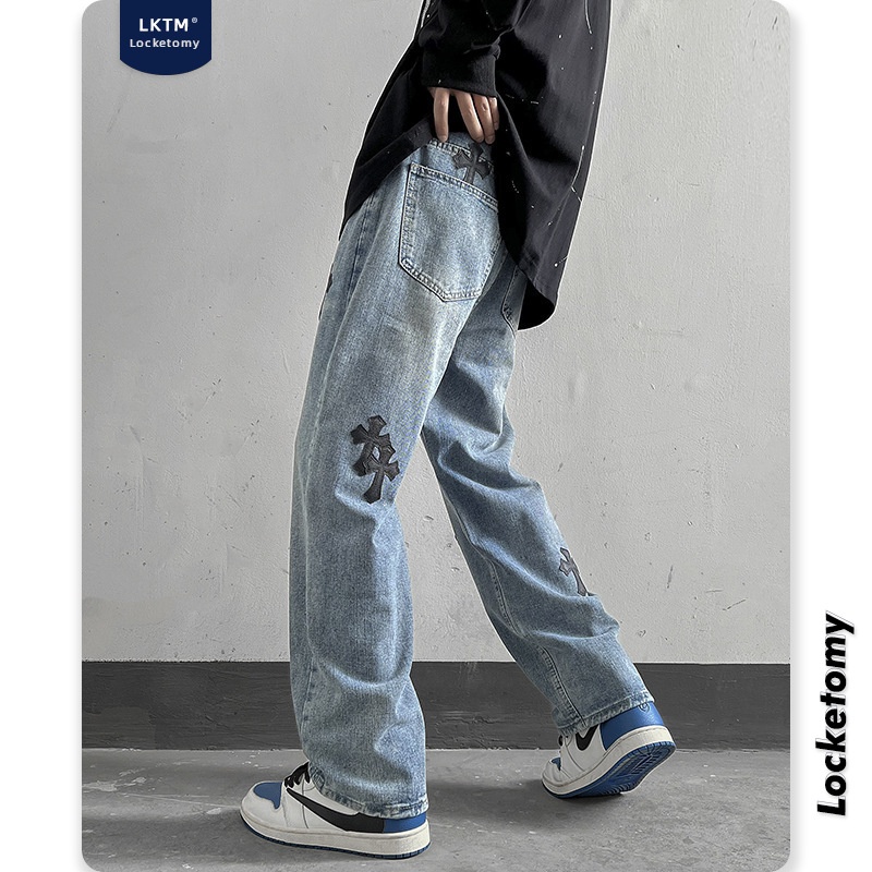 Quần Jeans Ống Rộng Nam Họa Tiết Chữ Thập Da Cao Cấp ,Quần Bò Nam Ống Suống Cam Kết Y Hình LQHS202#