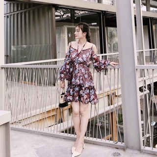 Đầm hoa rớt vai xoè chuẩn hình thật