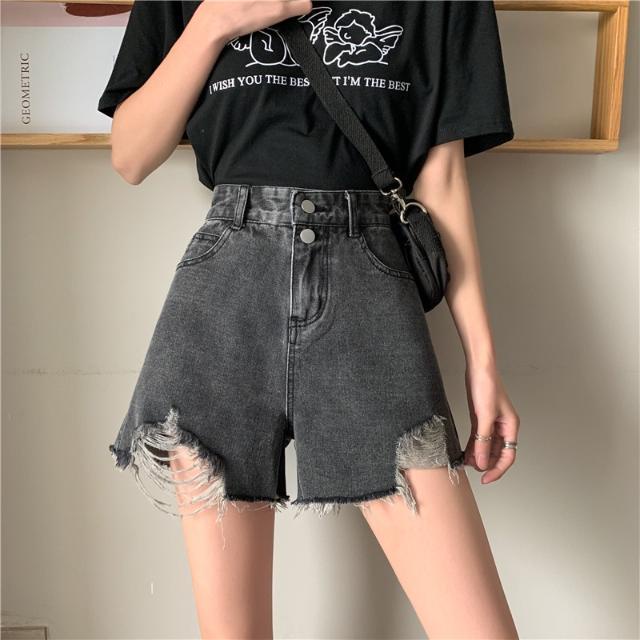 Quần Short Denim Lưng Cao Ống Rộng Phong Cách Hong Kong Cho Nữ