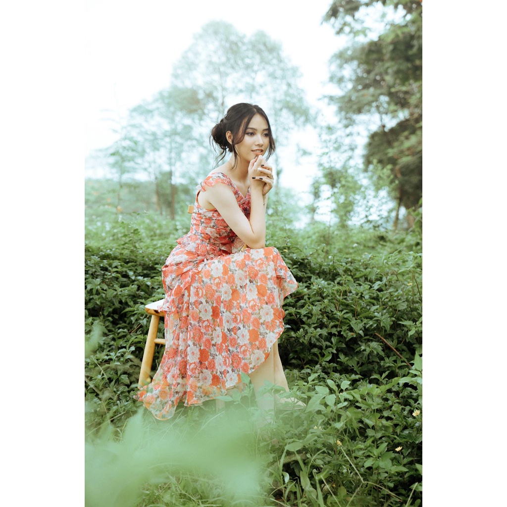 Váy tơ hoa hồng đi biển du lịch Rosie Dress