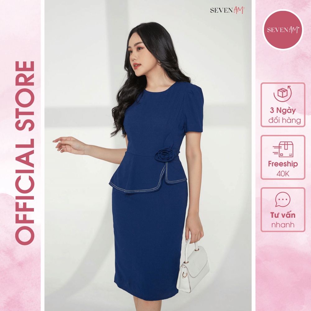 Đầm Ôm Seven.Am Tay Cộc Chấy Thô Màu Xanh Than Thiết Kế Hoa Cuốn Eo O613037
