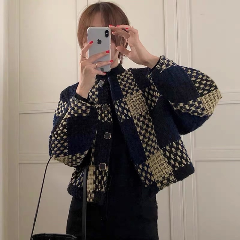 Áo khoác dạ tweed kẻ dọc phong cách Hàn quốc thu đông