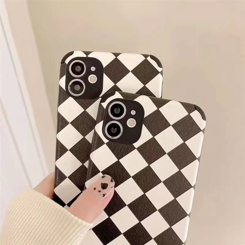 Ốp Điện Thoại Da Viền Vuông Họa Tiết Ô Vuông Sang Trọng Cho iPhone 13 12 11 Pro Max X Xs Xr 7 8 Plus