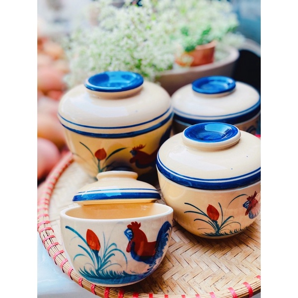 Thố 10  Hoạ Tiết Gà/ Xanh Vẽ Tay Cao Cấp