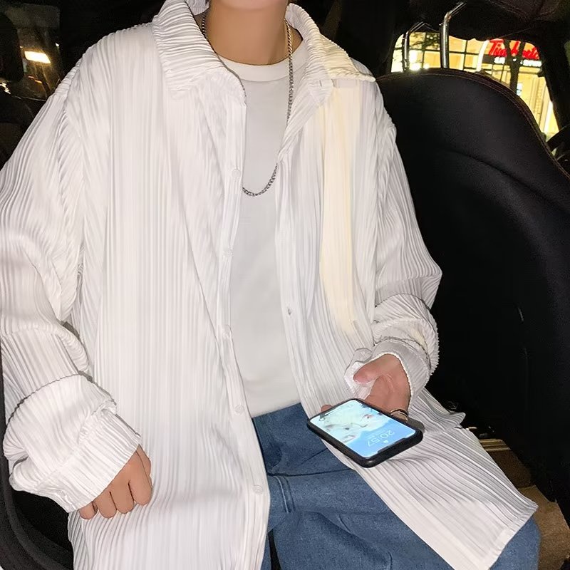 Áo Sơ Mi Dài Tay Dáng Rộng Hoa Văn Kẻ Sọc Trẻ Trung Thời Trang Hàn Quốc Dành Cho Nam