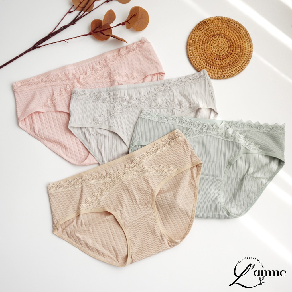 Quần lót bầu cạp chéo L'amme viền ren chất cotton co giãn, thoáng khí, kháng khuẩn, thấm hút mồ hôi