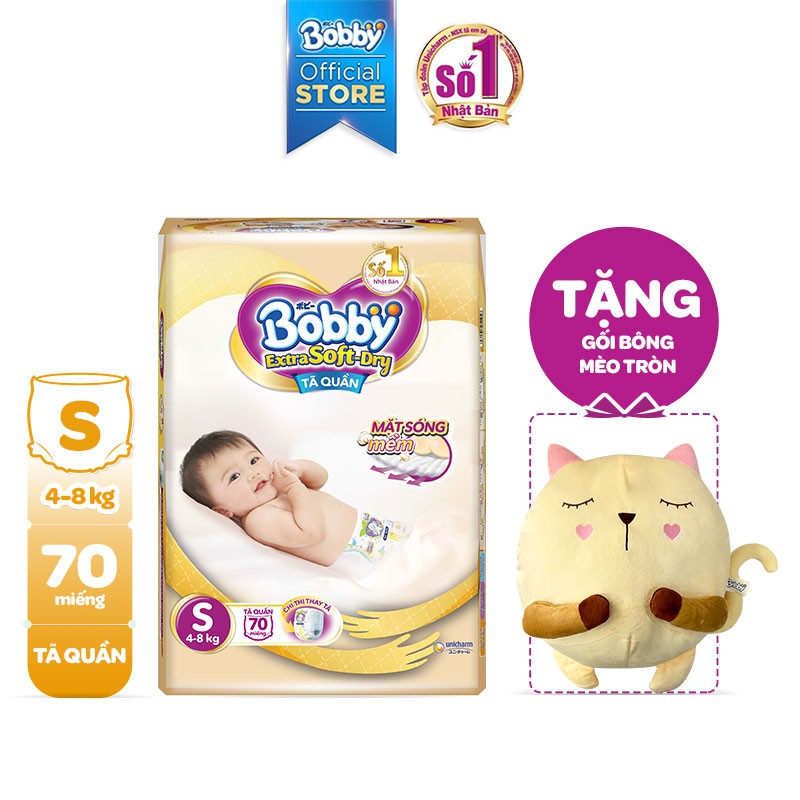 [Tặng Gối Bông Mèo Tròn] Tã Quần Bobby Extra Soft-Dry S70/M64/L56/XL50/XXL46