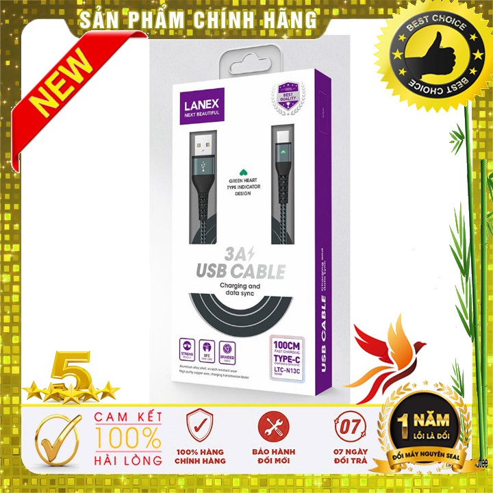 Cáp sạc nhanh LANEX LTC-N13C Type-C (Dây dù, 3.0A, Có Led 1m)