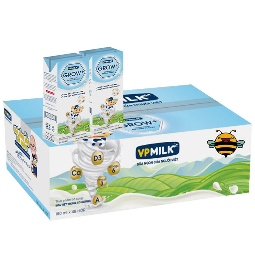 [Chính hãng] Sữa Tiệt Trùng Ít Đường VPMilk Grow+ Hộp 180ml (Thùng 48 Hộp)