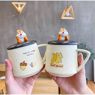 Ly sứ vẽ tay nắp hình sóc 250ml - Ly sứ cute