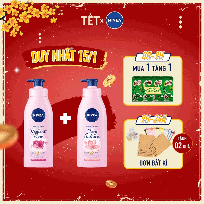 Bộ đôi Sữa dưỡng thể dưỡng trắng NIVEA hương hoa Hồng &amp; Sakura (350ml/chai)