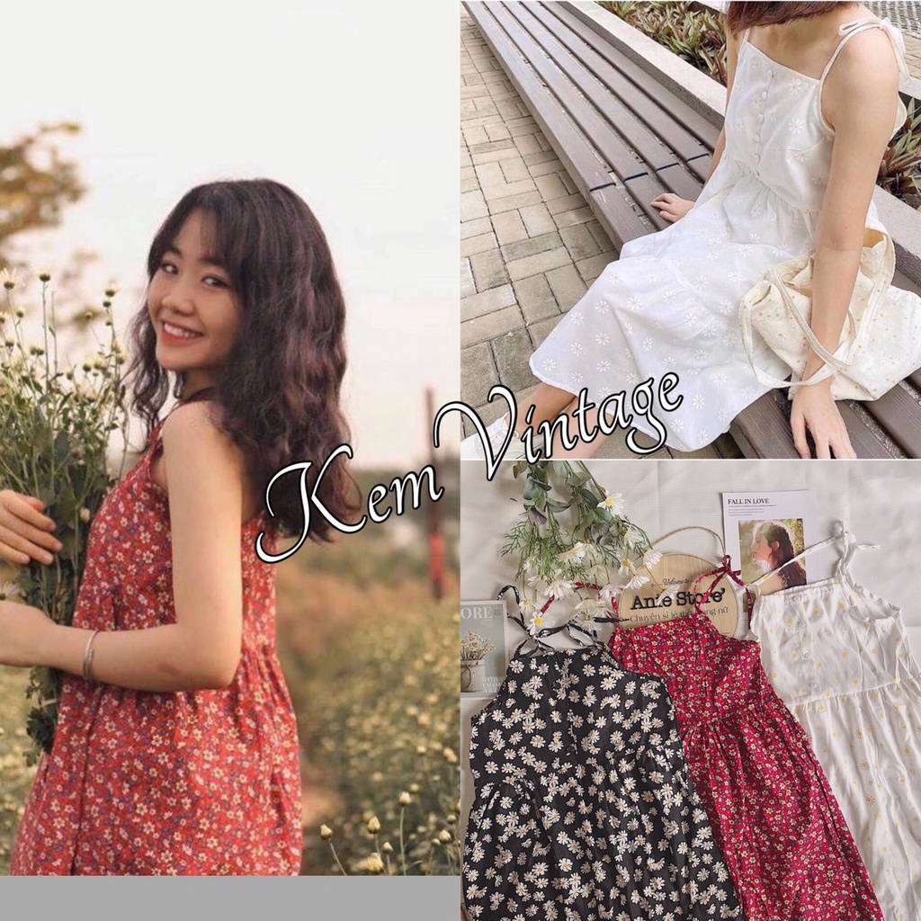 Đầm Hoa Nhí 2 Dây Nữ ,🌹KemVintage<FREESHIP>🌹, Váy Dây Buộc Hoa Nhỏ, Đầm 2 Dây Hoa 3 Màu ĐEN TRẮNG ĐỎ