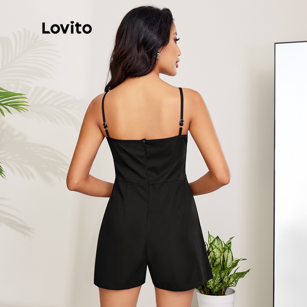 Áo liền quần Lovito phong cách thanh lịch màu trơn dài đến đầu gối dây mảnh phối nút L27LD119 (màu đen)