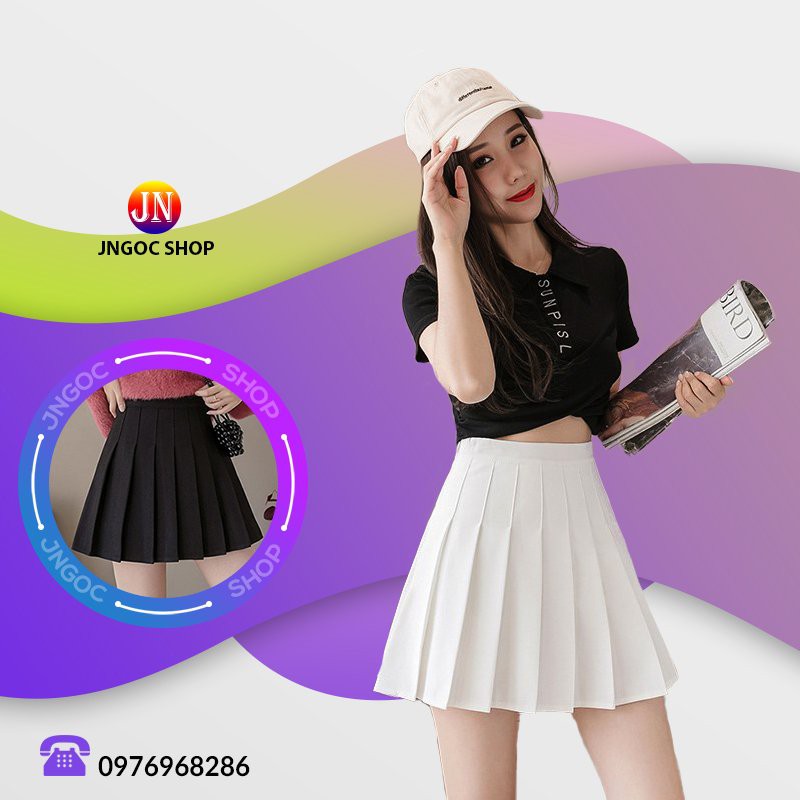 Chân váy ngắn xếp ly lưng cao, Chân váy xòe chữ A cạp cao đen trắng xếp ly ngắn