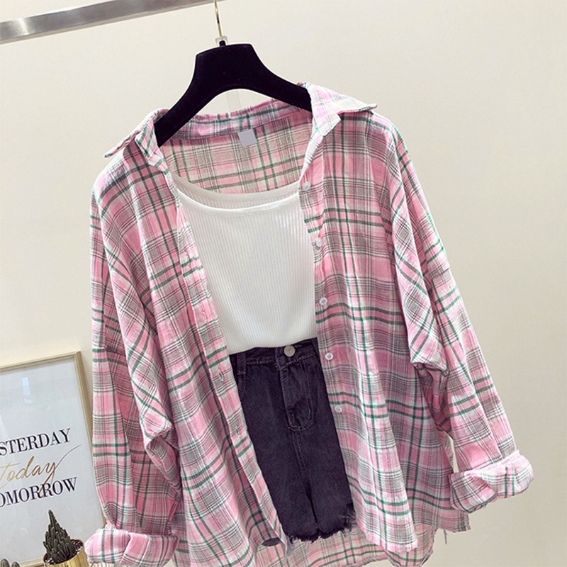 Áo Khoác Cardigan Vải Chiffon Mỏng Tay Dài Chống Nắng In Họa Tiết Caro Cho Nữ
