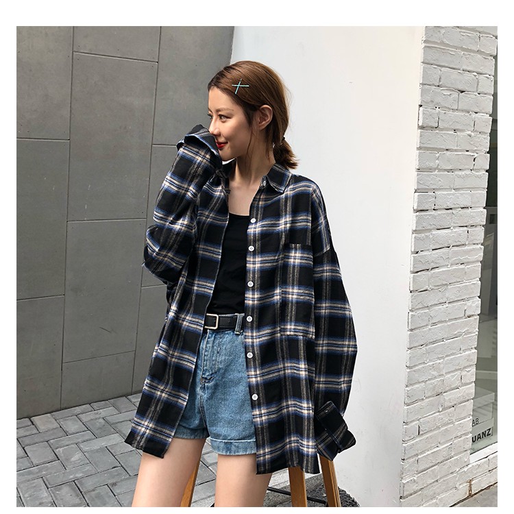 SUXI Áo sơ mi caro dáng rộng thời trang cho nữ