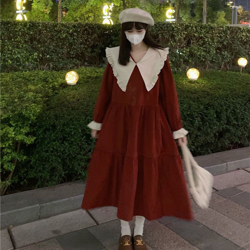 Váy babydoll Đầm Tay Dài Cổ Búp Bê Màu Sắc Tương Phản Phong Cách Hàn Quốc Ngọt Ngào Thời Trang Mùa Xuân Cho Nữ