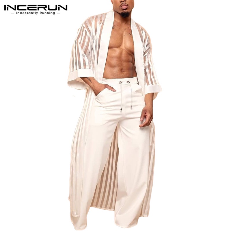 Áo cardigan Incerun tay lửng kẻ sọc dáng rộng kiểu xuyên thấu quyến rũ cho nam