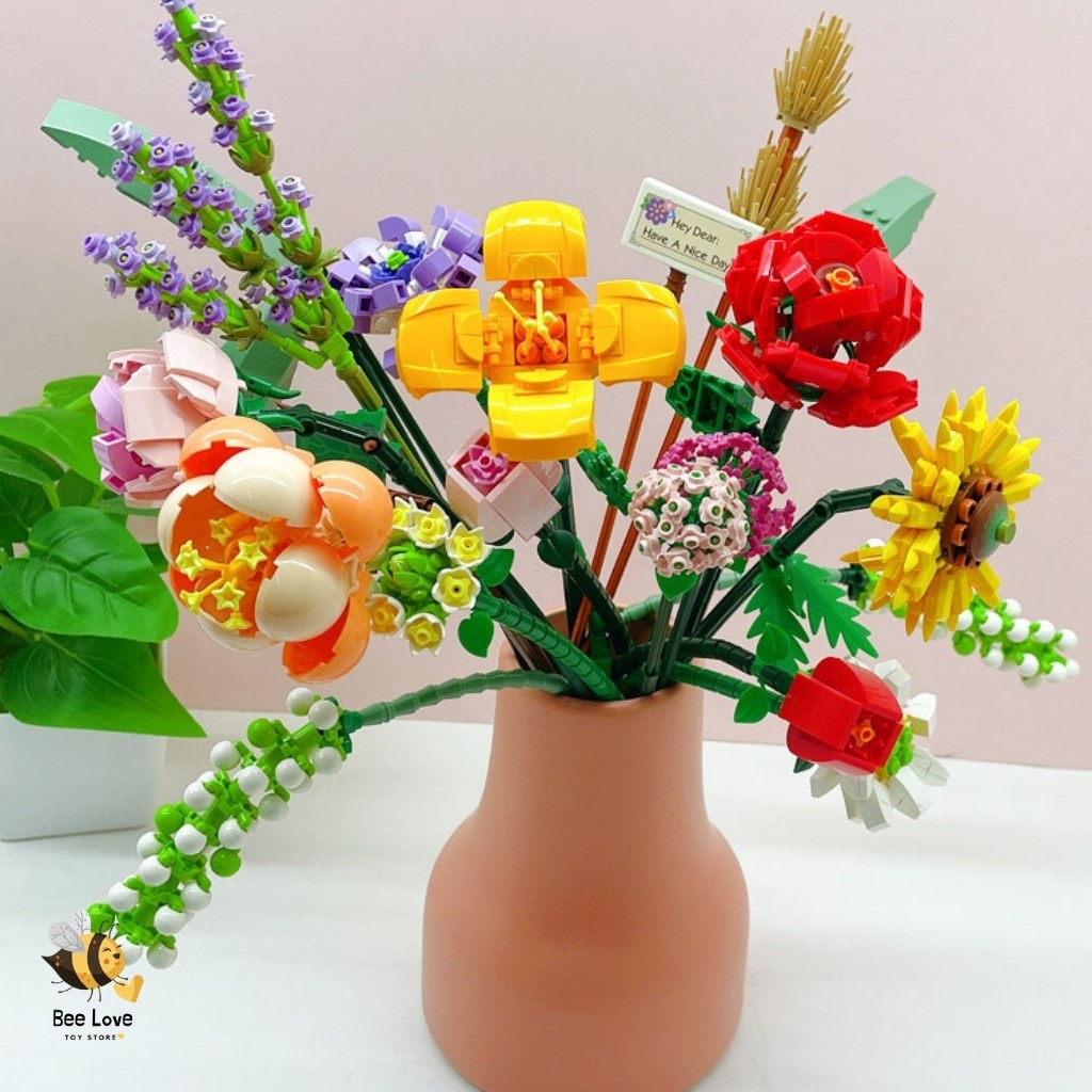 Đồ chơi lắp ráp bó hoa cho bé độc đáo, mô hình lắp ghép xây dựng cây cảnh trang trí bình hoa siêu xinh