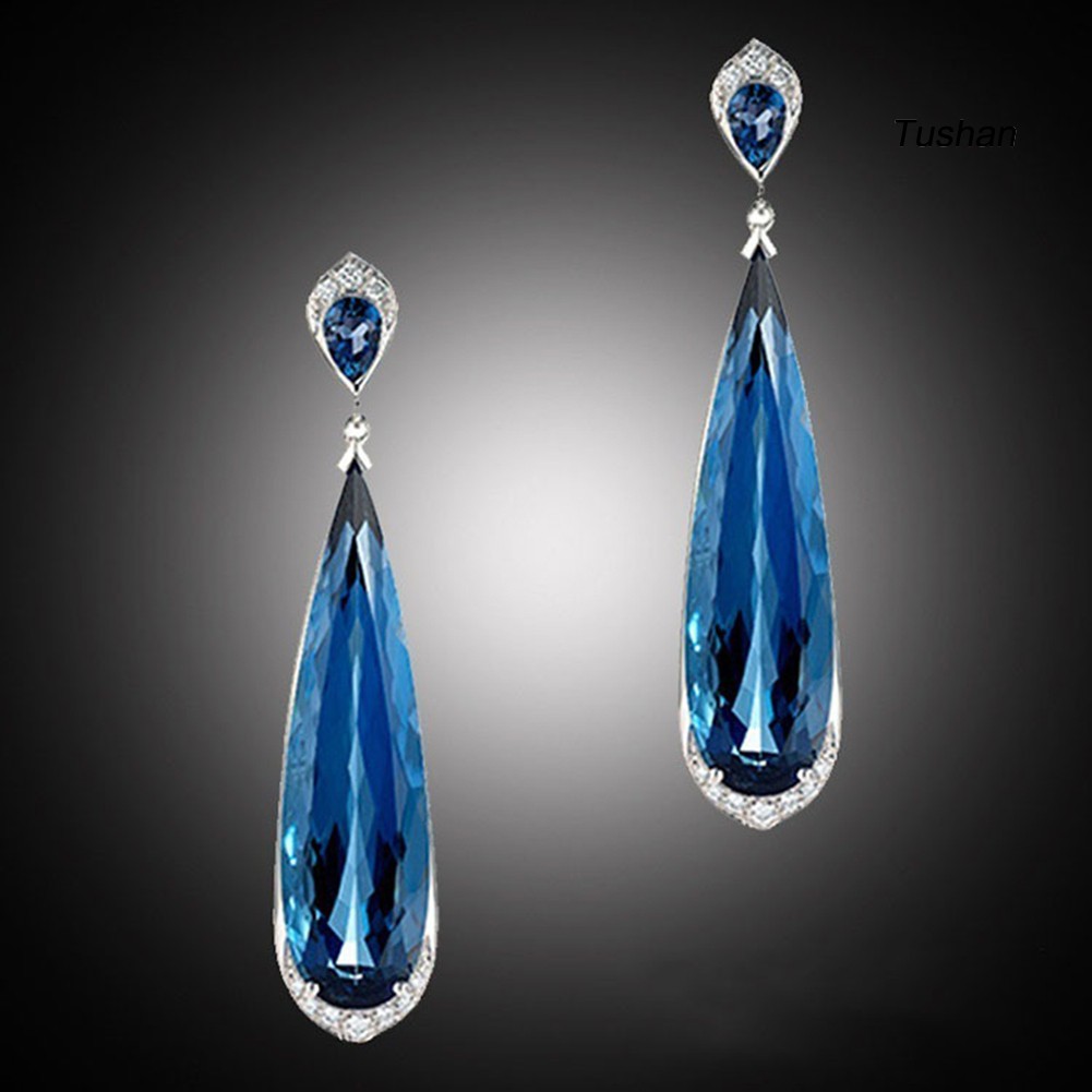 Hoa Tai Dáng Dài Đính Đá Sapphire Nhân Tạo Hình Giọt Nước Thanh Lịch Cho Nữ