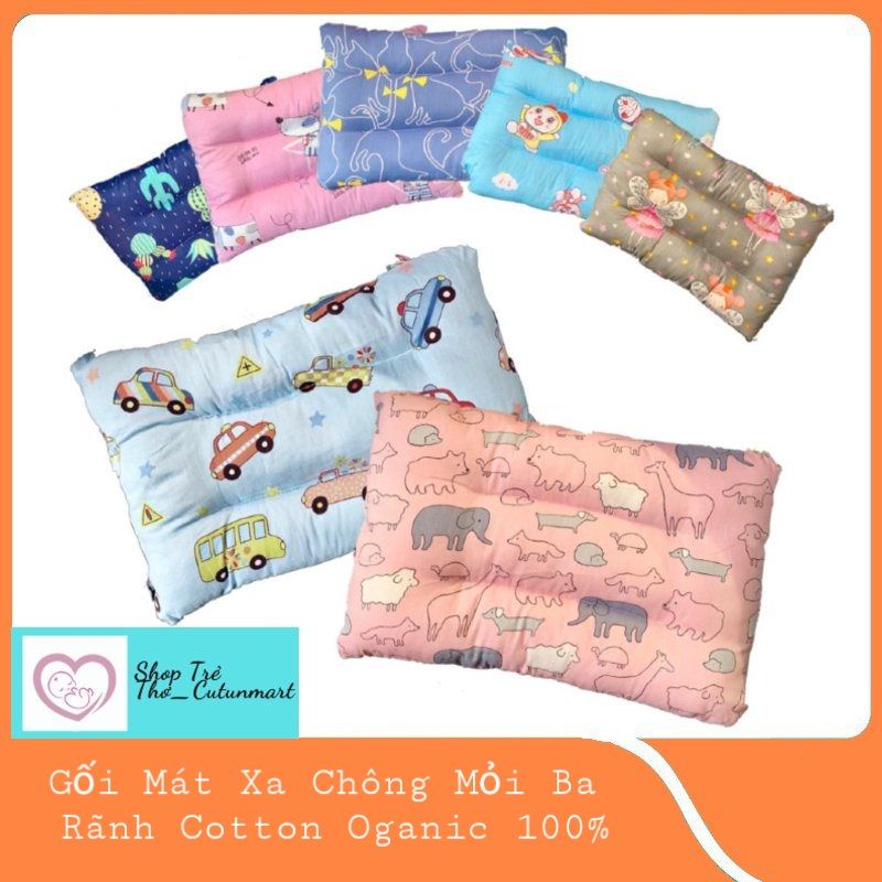 Gối mát xa chống mỏi 3 rãnh cho bé chất liệu Cotton Organic 100% cao cấp hàng nhập khẩu