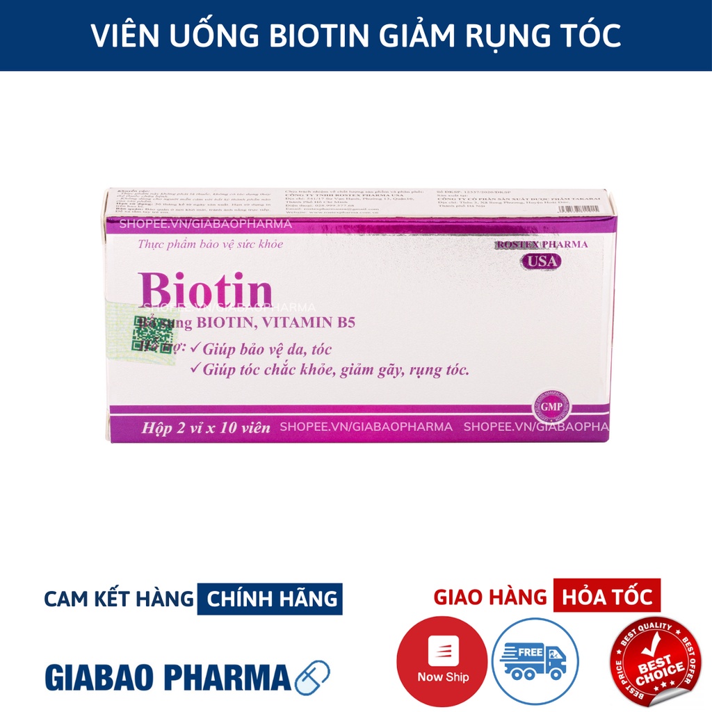 Viên uống bổ sung Biotin, Vitamin B5 giúp tóc chắc khỏe, giảm gãy rụng tóc - Hộp 20 viên